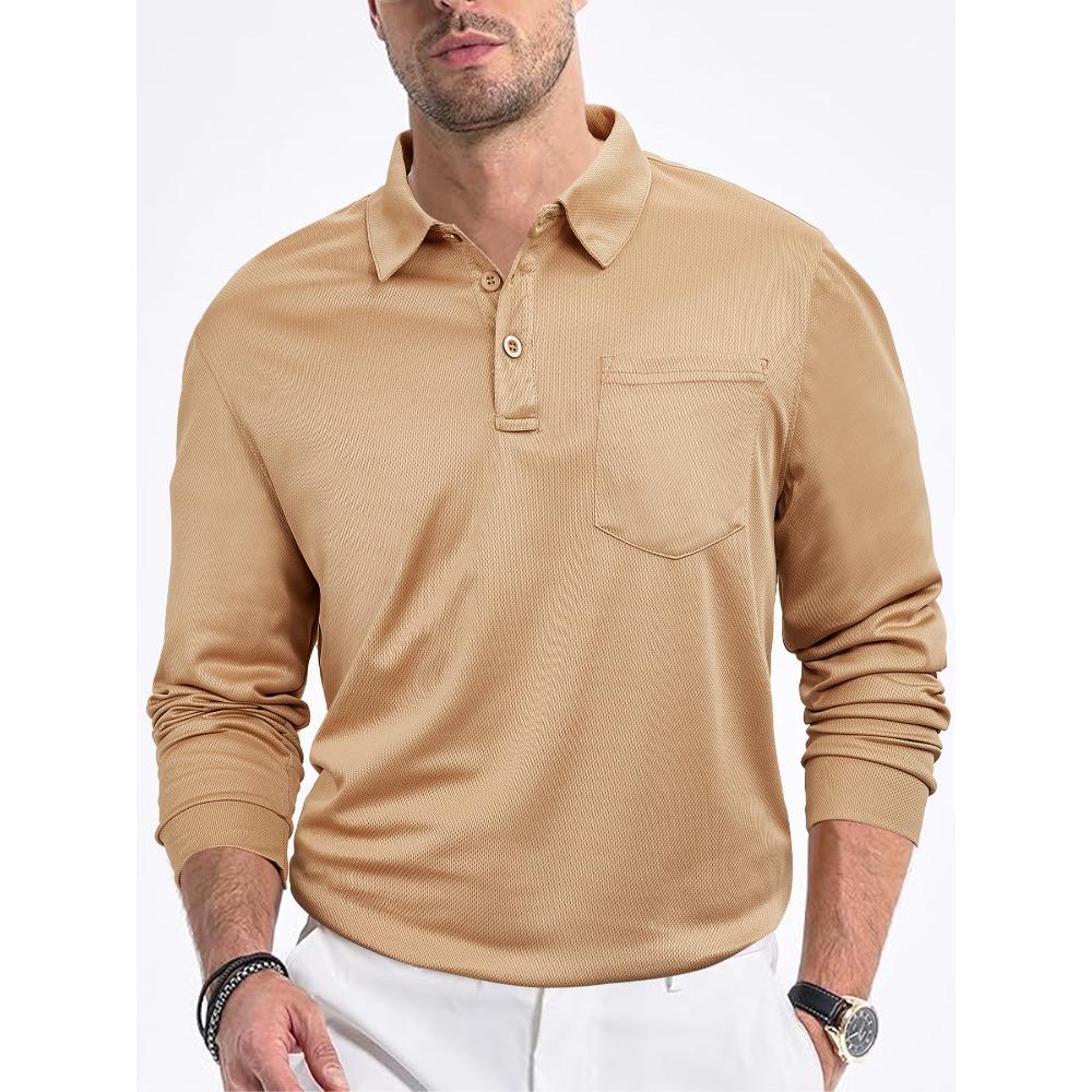 Polo da uomo casual a vestibilità larga, con bottoni sul davanti, tinta unita, maniche lunghe, colletto in rete