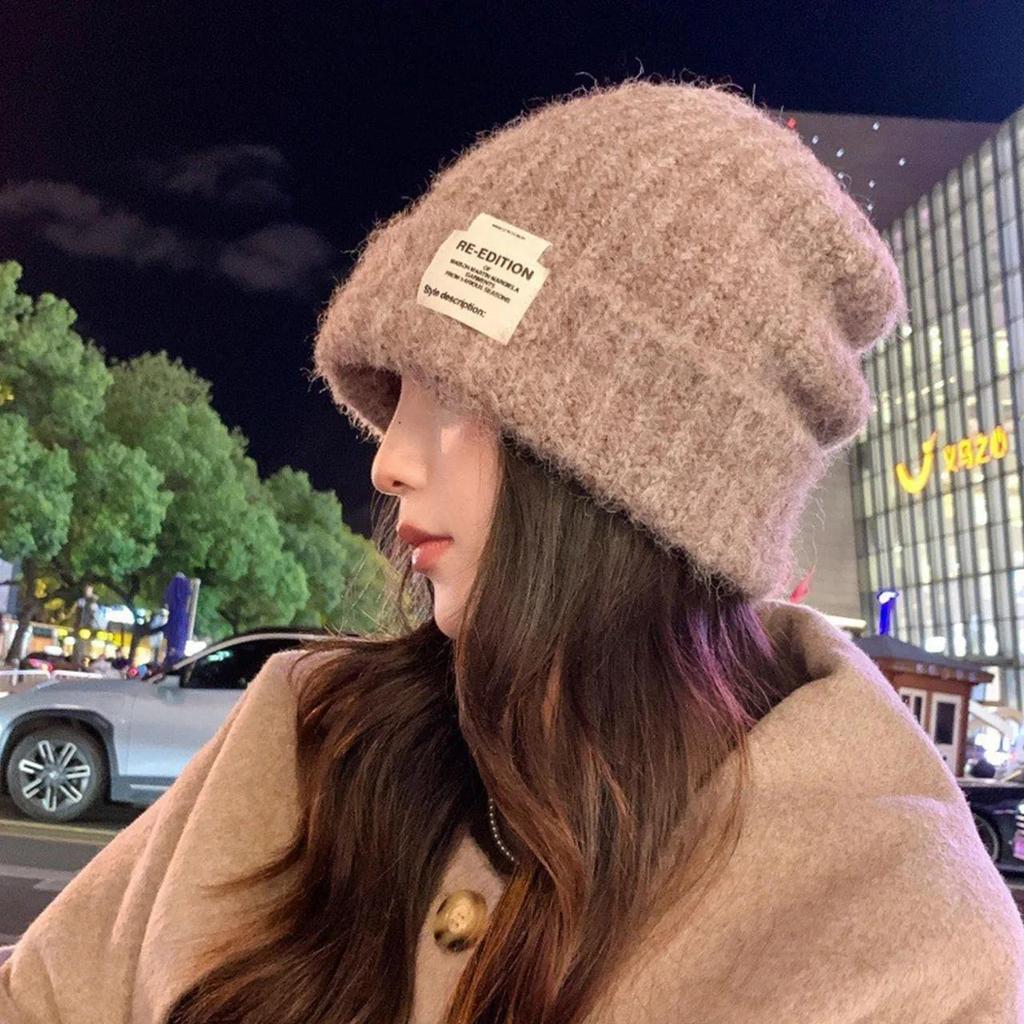 Winter Warm Wool Knitting Cap for Women Solid Color Elastic Ear Protection Fashion Label Beanies Korean Girl Simple Pullover Hat