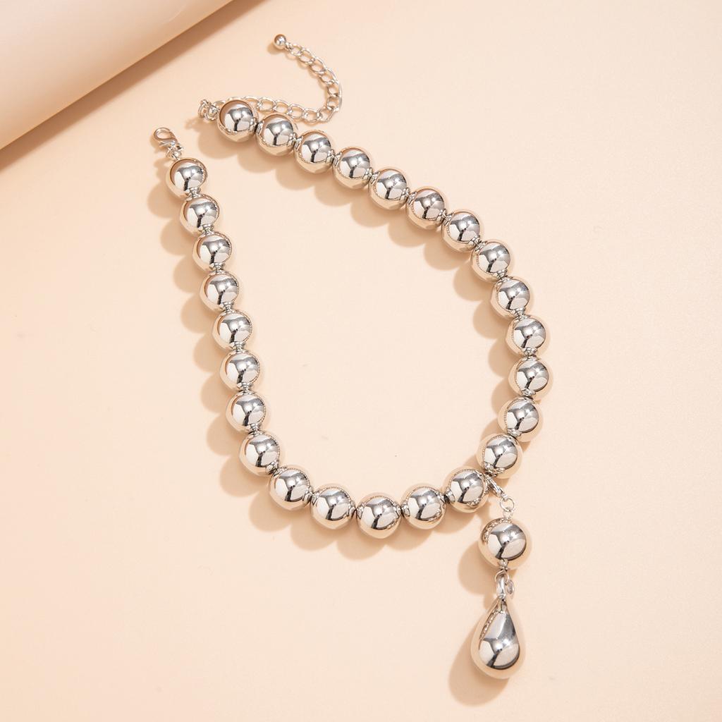 Tone Zinc Alloy Bead Choker Necklace For Women, Statement Teardrop Pendant Chain Necklace, Chunky Metallic Jewelry For Daily Wear & Gifting