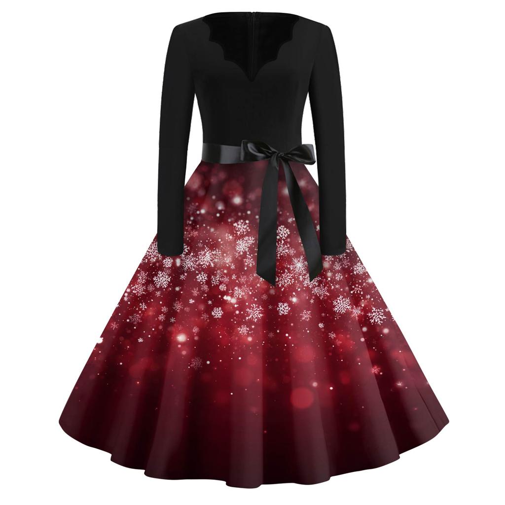 Women's Fashion V-Neck Relaxed-Fit Christmas Print Long-Sleeved Dress