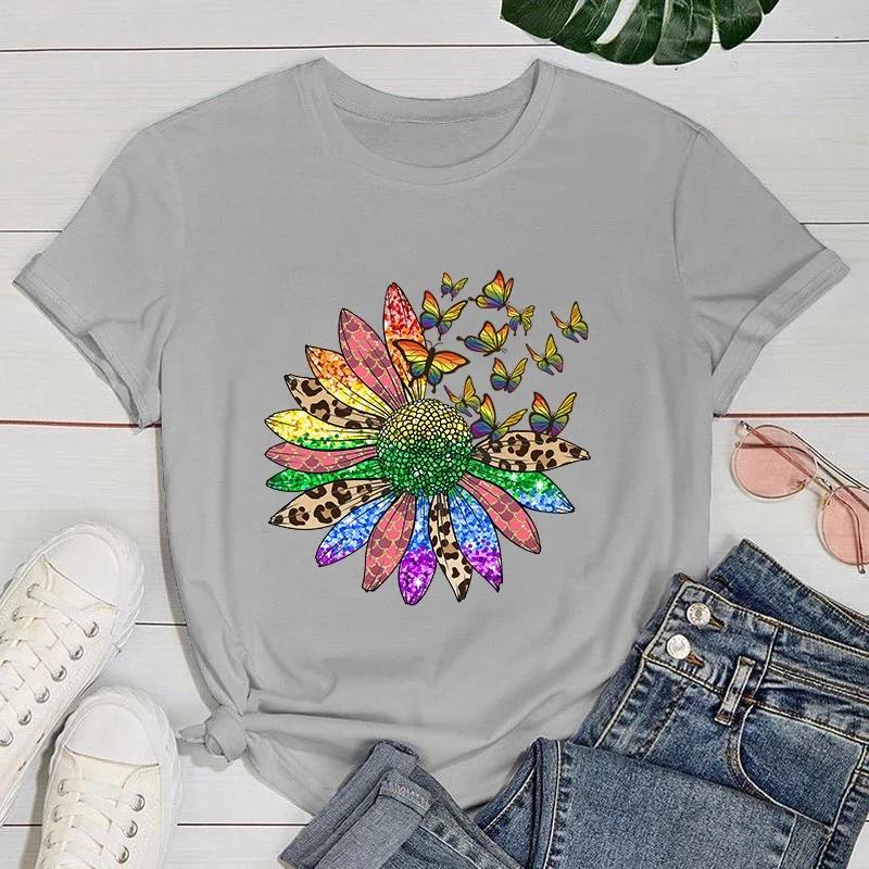 (Premium T-shirt)Funny Lgbt Sunflower Butterfly Print T-Shirts For Women Summer Round Neck Tee Shirt Femme Fashion Casual Top
