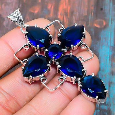 Cross London Blue Topaz Gemstone 925 Sterling Silver Handmade Pendant Jewelry For Christmas
