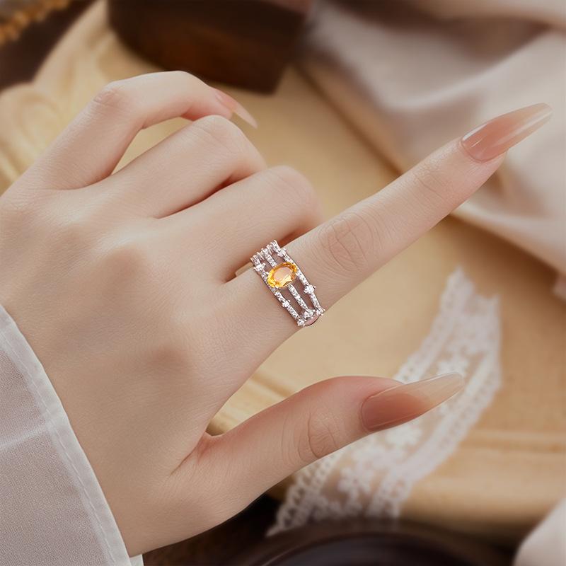 New S925 sterling silver citrine ring women's texture hollow design niche light luxury natural stone jewelry