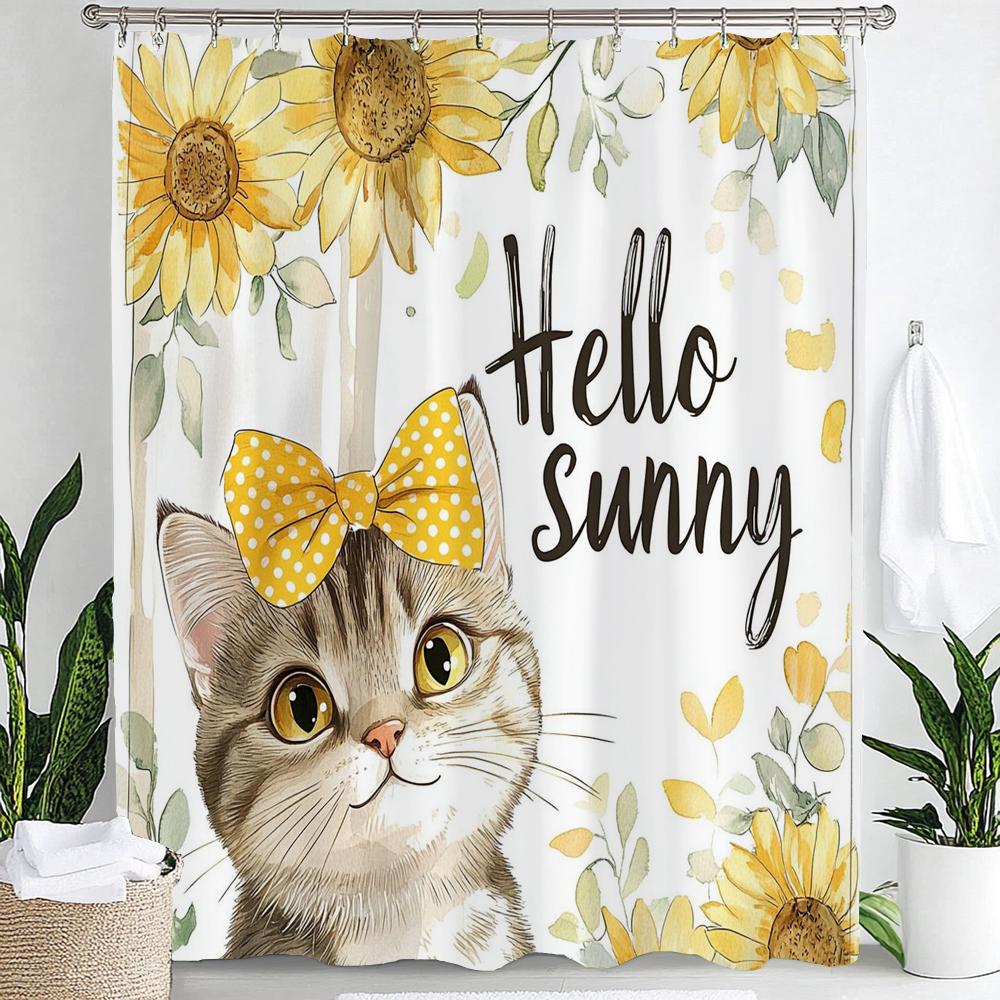 

Yellow Flowers Sunflowers And Lovely Cat Shower Curtain, Bathroom Decorative Shower Curtain, Home Floral Curtain With Hooks W60H190(CM)-1 Pcs