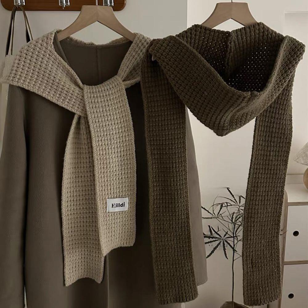 Knitted Hooded Caps Outdoor Hooded Scarf Winter Balaclava Hats Thicken Autumn Winter Neck Protector Headgear Solid Knit Beanies