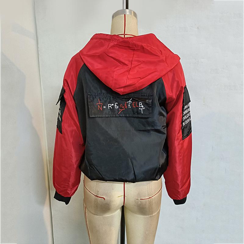 Women's Letter Printed Color Blocking Loose Hooded Long Sleeve Jacket