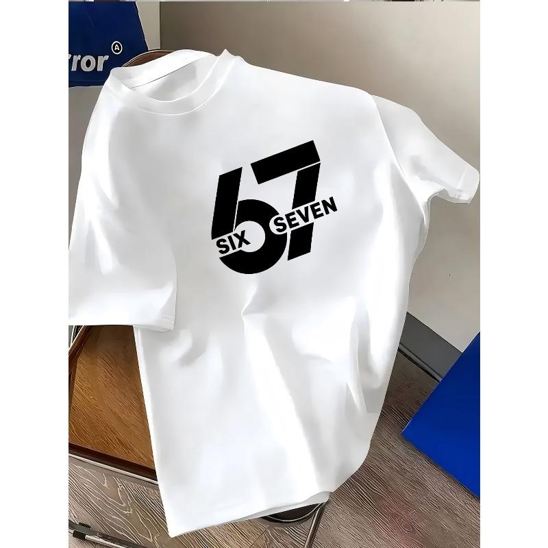 Children Crew Neck Short Sleeve T-Shirt with Number 67 & Letters SIX SEVEN Print 110