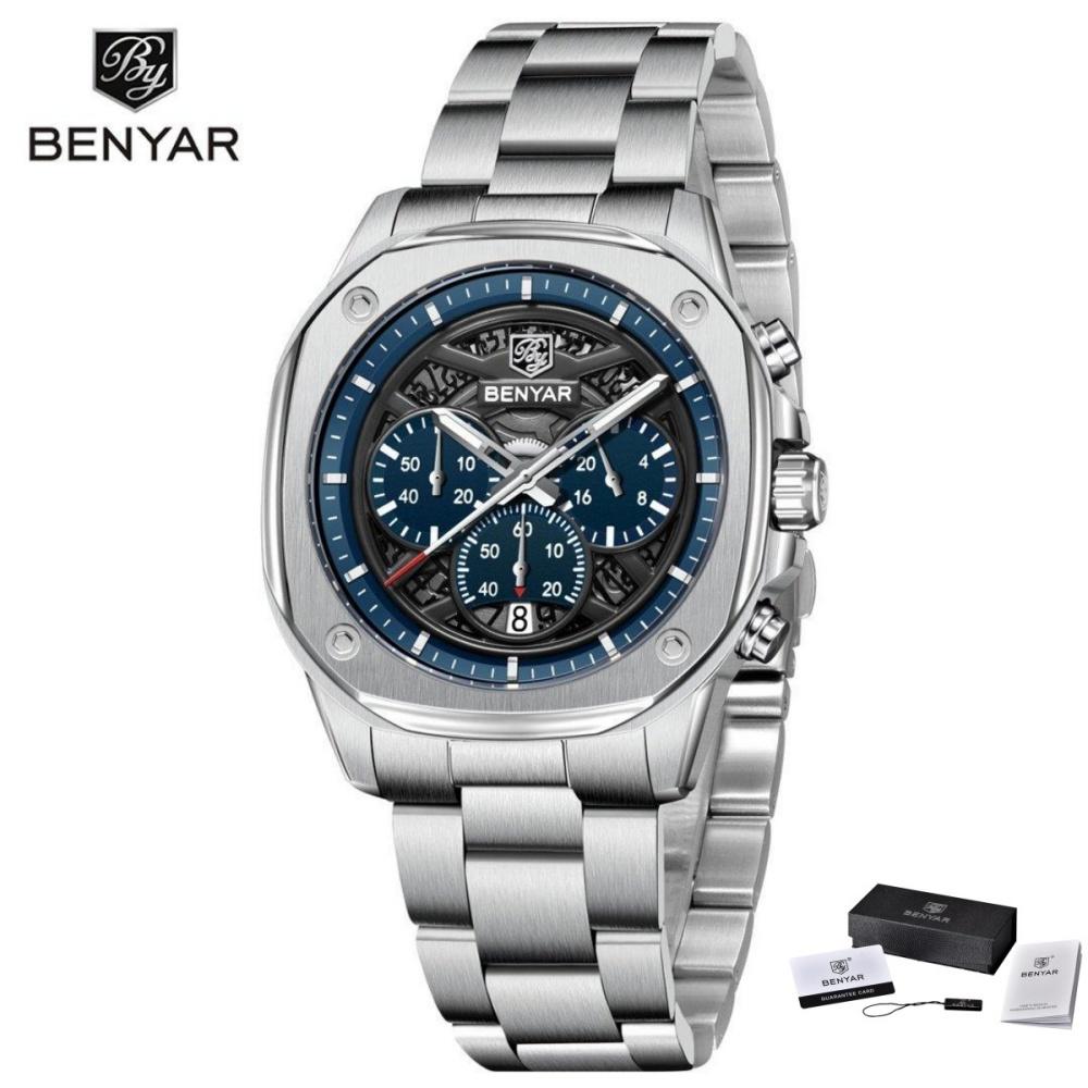 BENYAR Fashion Men Quartz Watch Stainless Steel Strap Retro Sports Watches For Man Calendar Luminous Waterproof Reloj Hombre