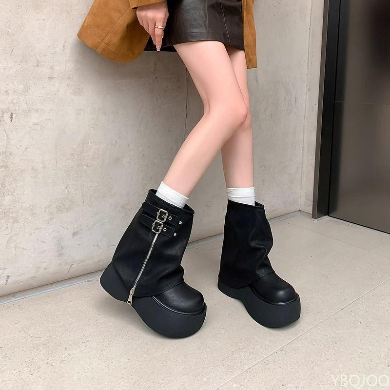 Height Increasing Waterproof Platform Sweet Spicy Zipper Boots Women's Thick Soled Boots Autumn Winter Styles Simple Versatile