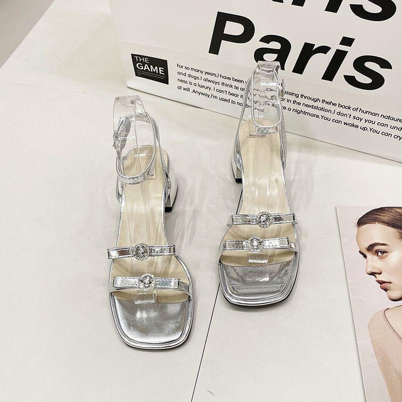 Silver fashion open-toed temperament high heels 2025 summer and autumn new thick heel French fairy style word with sandals woman
