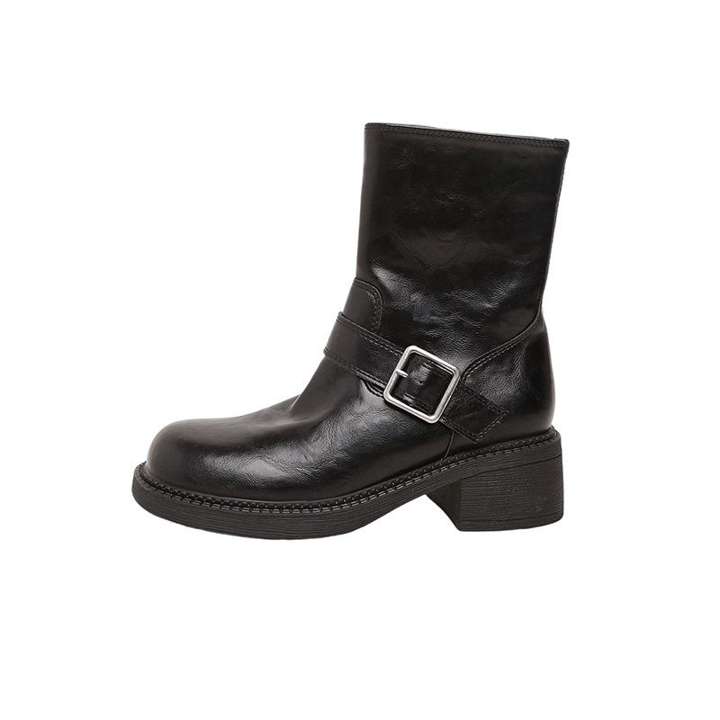 Washed cowhide~ thick-soled short boots for women's autumn and winter new thick-heeled Martin boots versatile side zipper thin boots