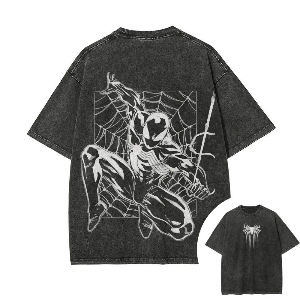 

American Superhero Spider-Man Graphic Print T-Shirt Men Women Vintage Washed Cotton Summer New Tee Streetwear Hip Hop Harajuku Fashion Oversized Top L