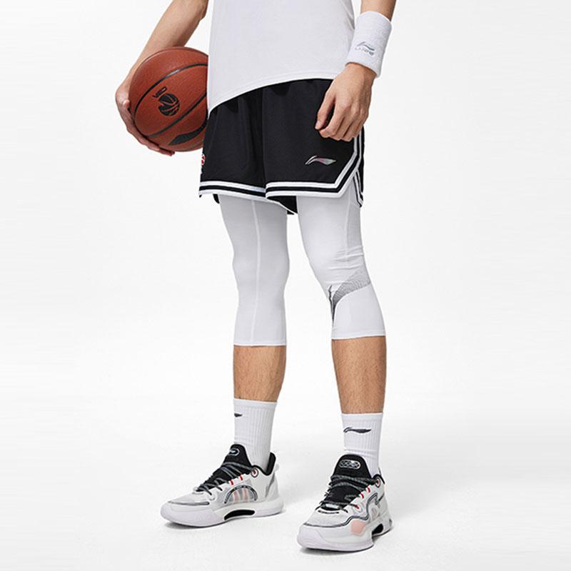 Li Ning CBA Series Professional Basketball Logo Print Competition Knit Shorts Men Shorts Black AAPU007-1