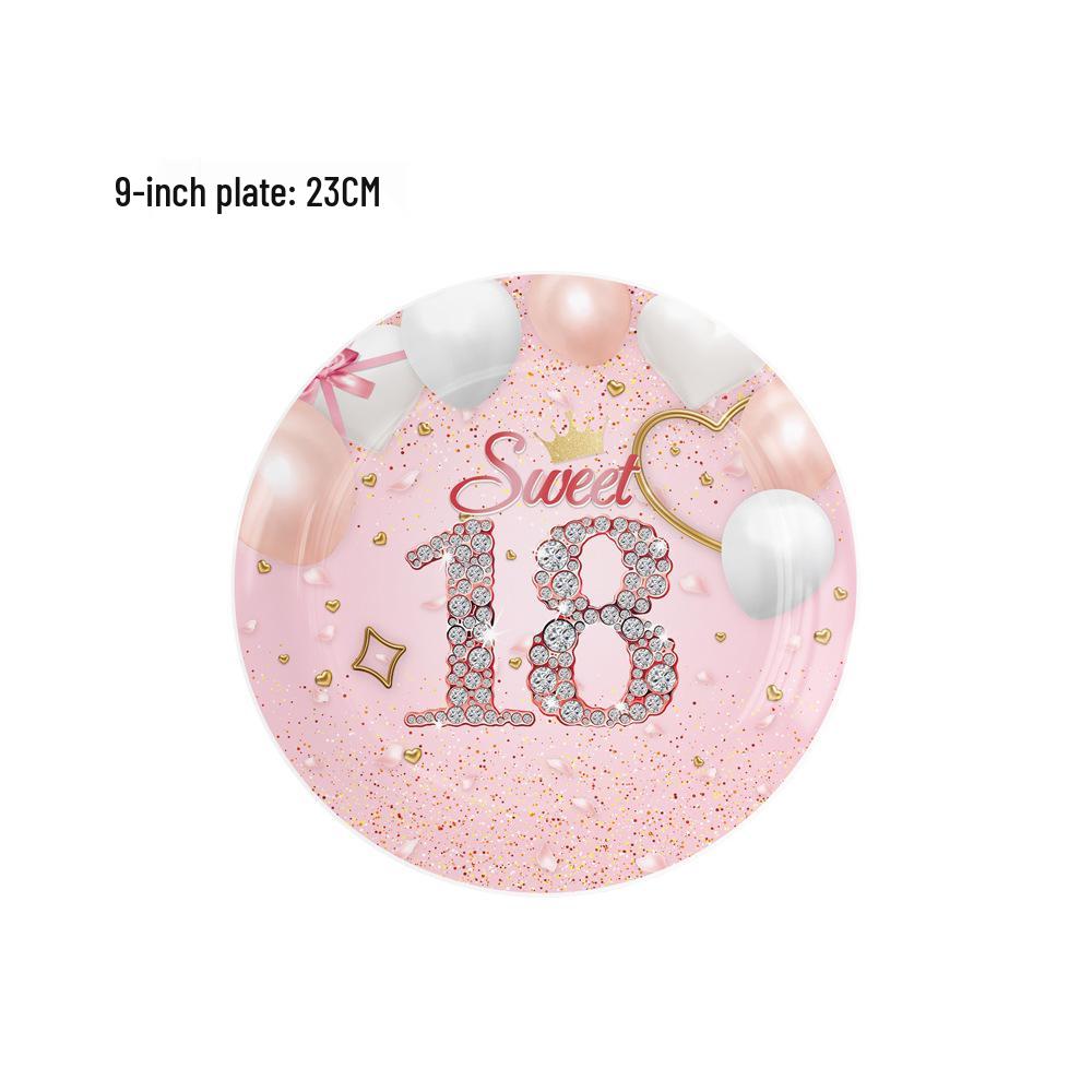 18th Birthday Pink Party Set: Plates, Cups, Napkins, Cutlery, Flags.