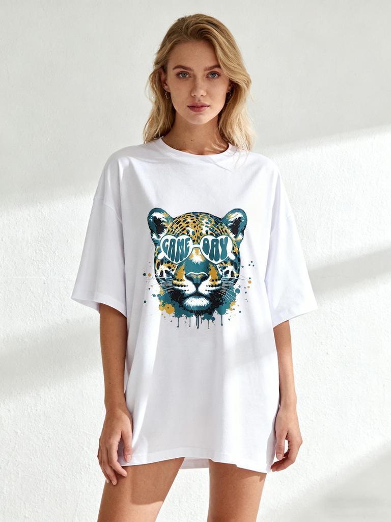 Übergroßes T-Shirt Schwarzer Leopard mit Game Day Sonnenbrillen-Print Lässige Streetwear für Damen