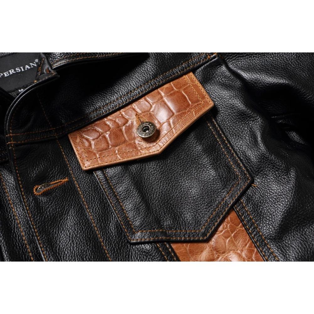 Chinese Size Cow Leather Patchwork Contrasting Lapel Leather Jacket for Men Casual Jacket Leather Coats Genuine Cowhide Leather Jacket Men