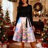 Women's Fashion Round Casual Slim Fit Christmas Print Large Swing Long Sleeve Dress