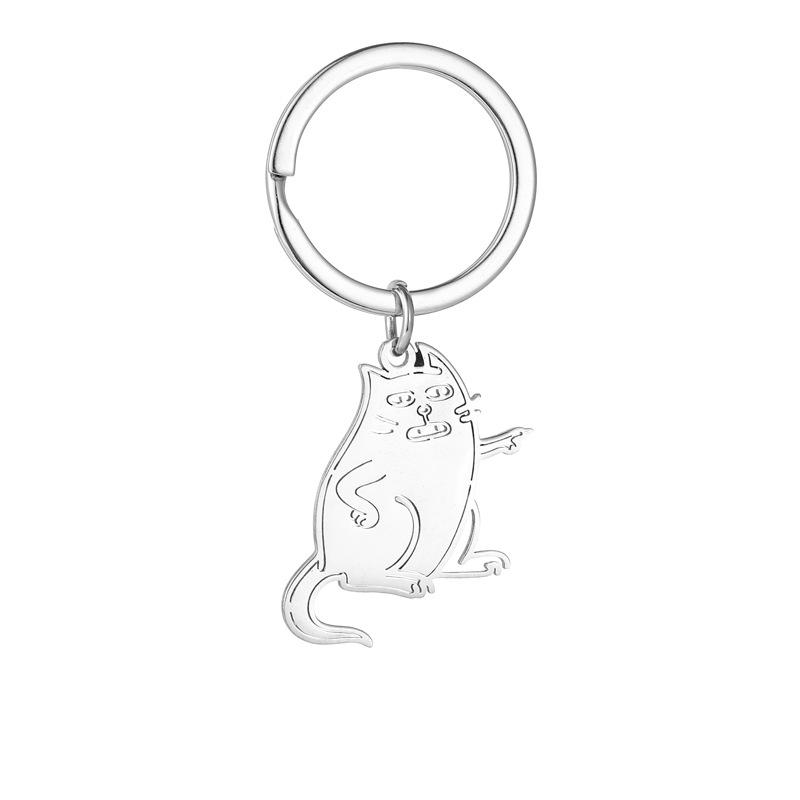 Lustige wütende Katze Edelstahl Schlüsselanhänger Humorvolles Cartoon-Design Modischer Schlüsselring Praktischer Persönlichkeits-Taschenanhänger