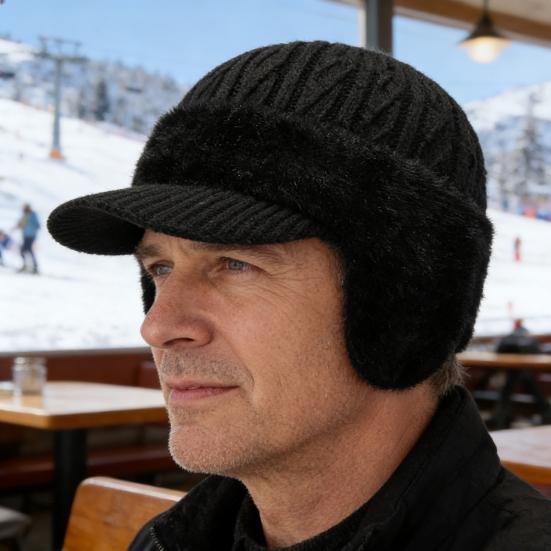 Men Hat Moisture-Wicking Breathable Warm Hat with Fleece Lining Solid Color Ear Protection Knitting Hat