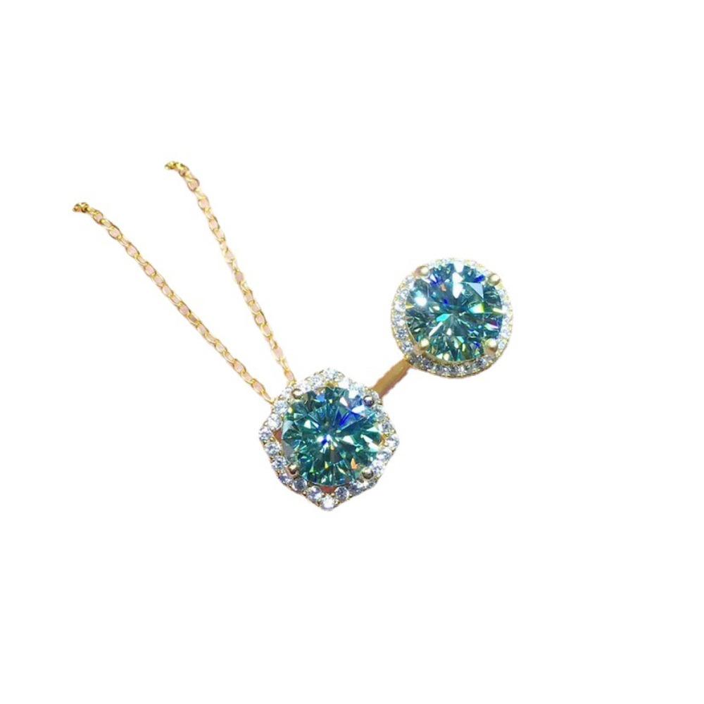 3Ct High Carbon Diamond PT950 Plated Blue Green Moissanite Pendant Women Jewelry Set