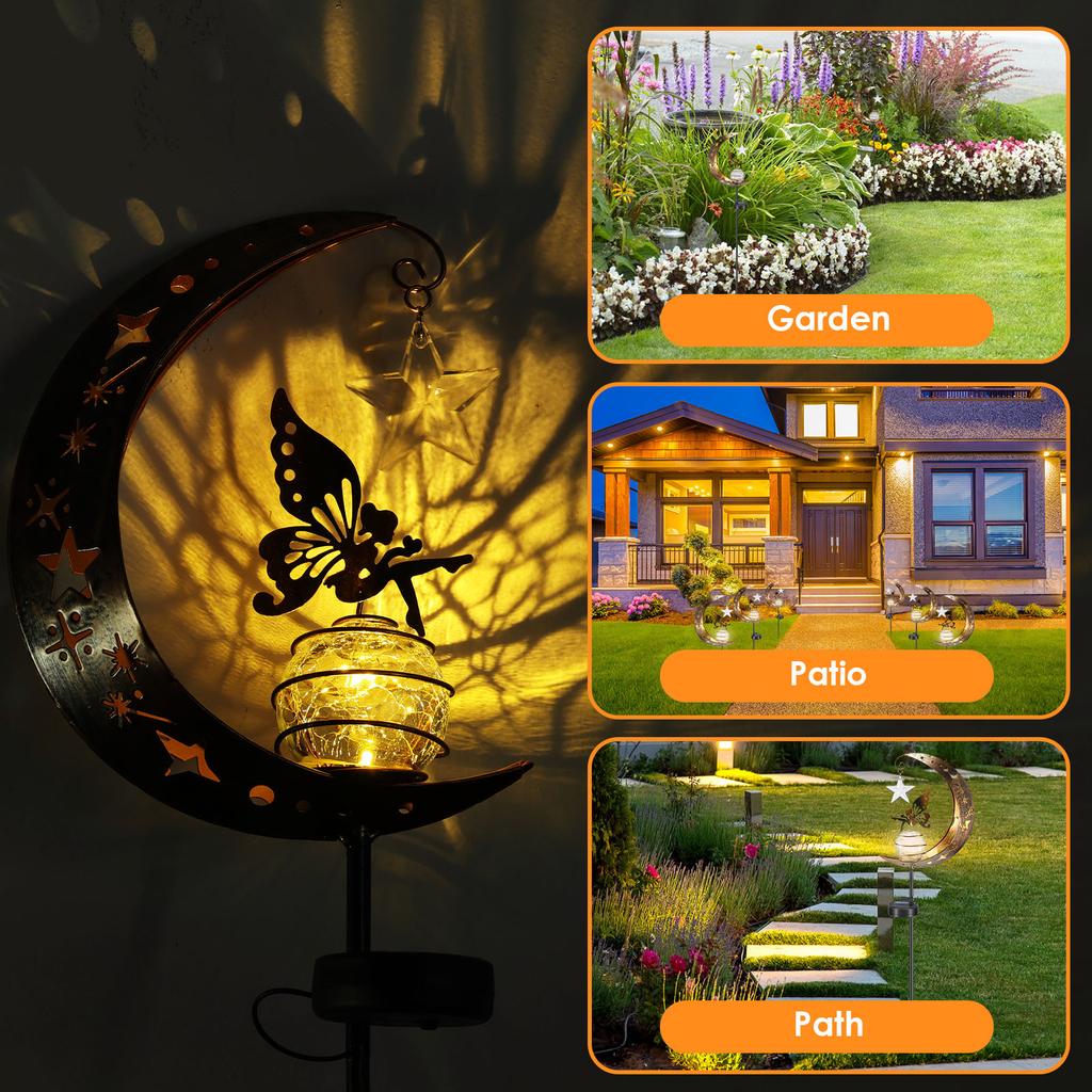 Solar Garden Lights Outdoor Moon Fairy Pentagram Glass Lights Waterproof White LED Iron Decorative Lights Pathway Butterfly