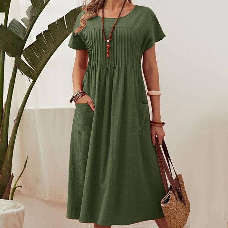 Yeni Yaz Düz O Yaka Cepli Büyük Beden Elbise Kadın Piliseli Kısa Kollu Pamuk ve Keten Günlük Elbiseler Kadın Moda Retro Plaj Bol Elbise 26506