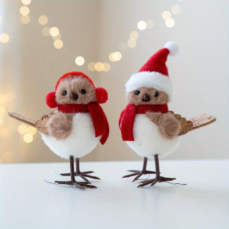1pc Cute Plush Little Bird Decoration with Red Santa Hat & Fluffy White Plumage - Christmas Tree Ornament, Holiday Home Decor
