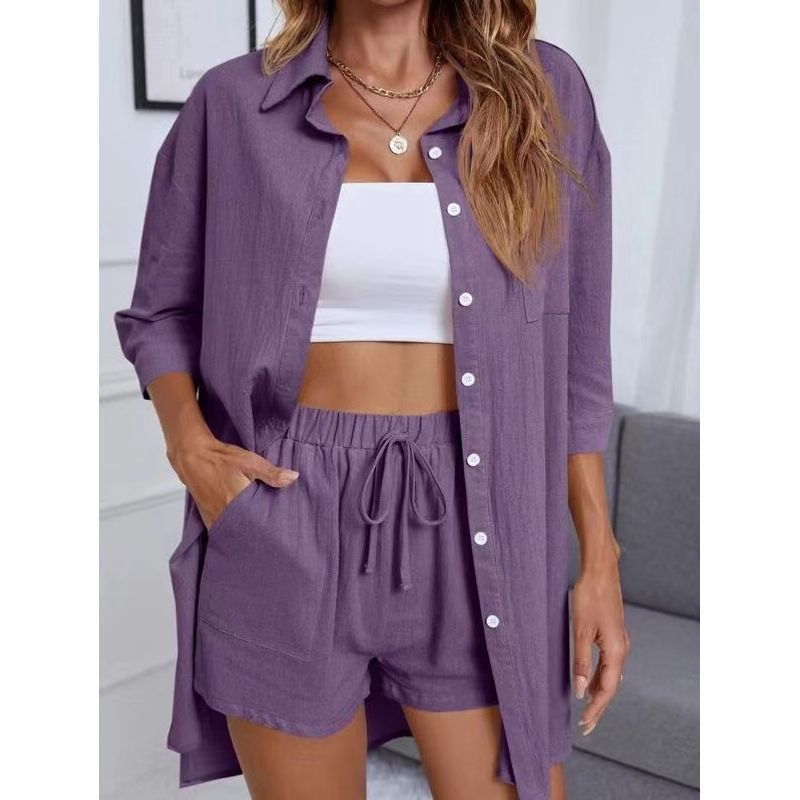 Fashion Style Fashion Single-Breasted Shirt Shorts Pure Color Casual Loose Outfit Shirt and Shorts Set