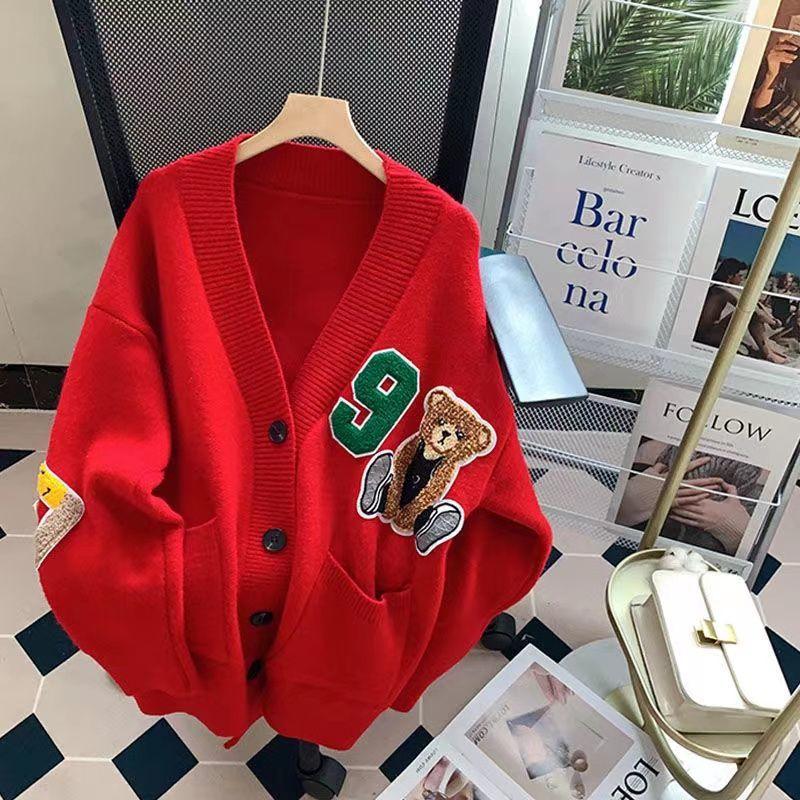 Cartoon bear knitted cardigan autumn and winter new loose and thin college style versatile age-reducing sweater jacket women