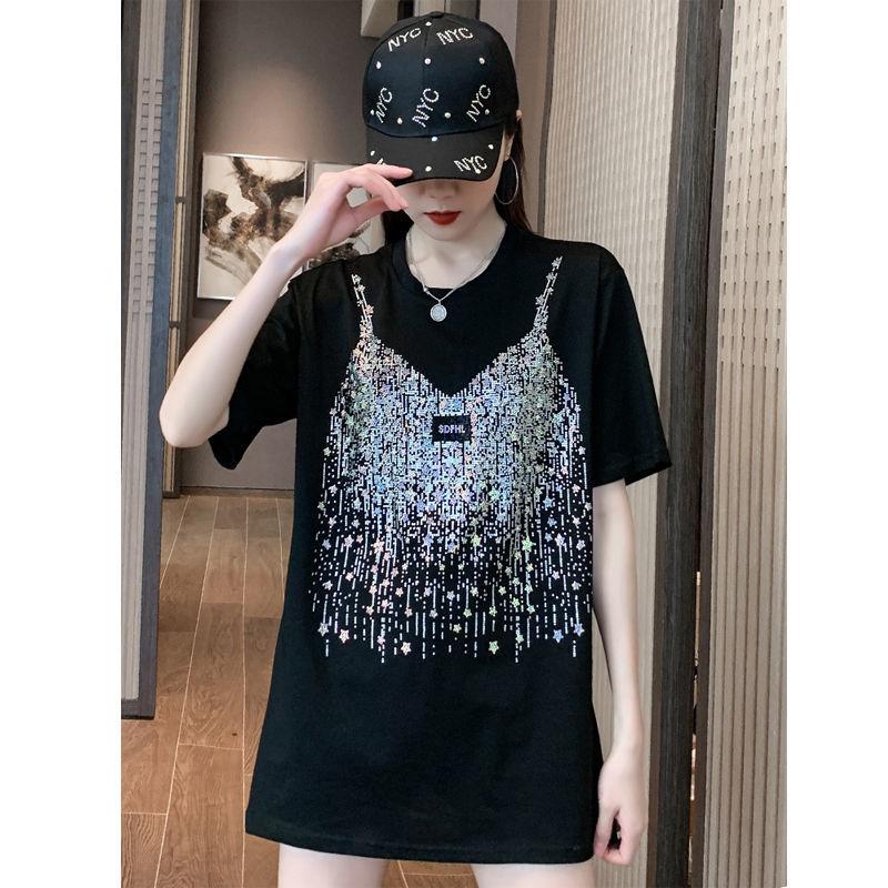 New Summer Fashion Trend Loose Fitting Casual Personality Hot Diamond Round Neck Mid Length Oversize Short Sleeved T-shirt