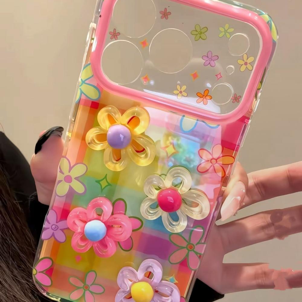Korean Style Ins Dopamine Colorful Checkered 3D Flower iPhone 17 Pro Max Case for Apple 15 Pro 14 13 16 Women Unique Full Cover