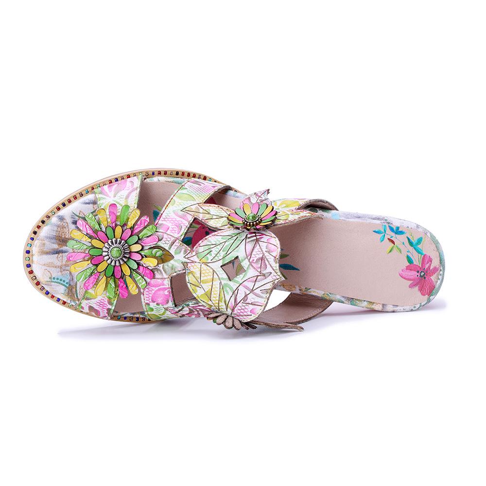 Johnature Retro Three-dimensional Flower Colored Fashion Slippers Genuine Leather Printed Coarse Heel Sandals