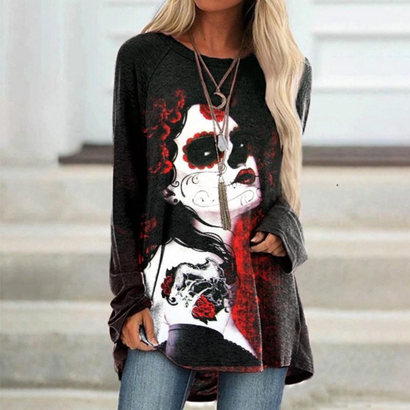 Round Neck 3D Printed Top Fashionable Casual Retro Long Sleeved Women's T-shirts