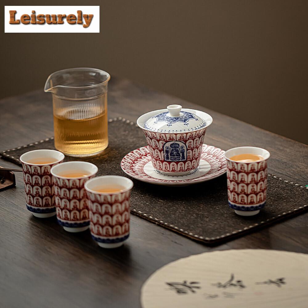 Thousand Buddha White Porcelain Tea Set Complete Set Zen Tea Ceremony Set Household Teapot and Tea Cup Set Cha Supplies Craft