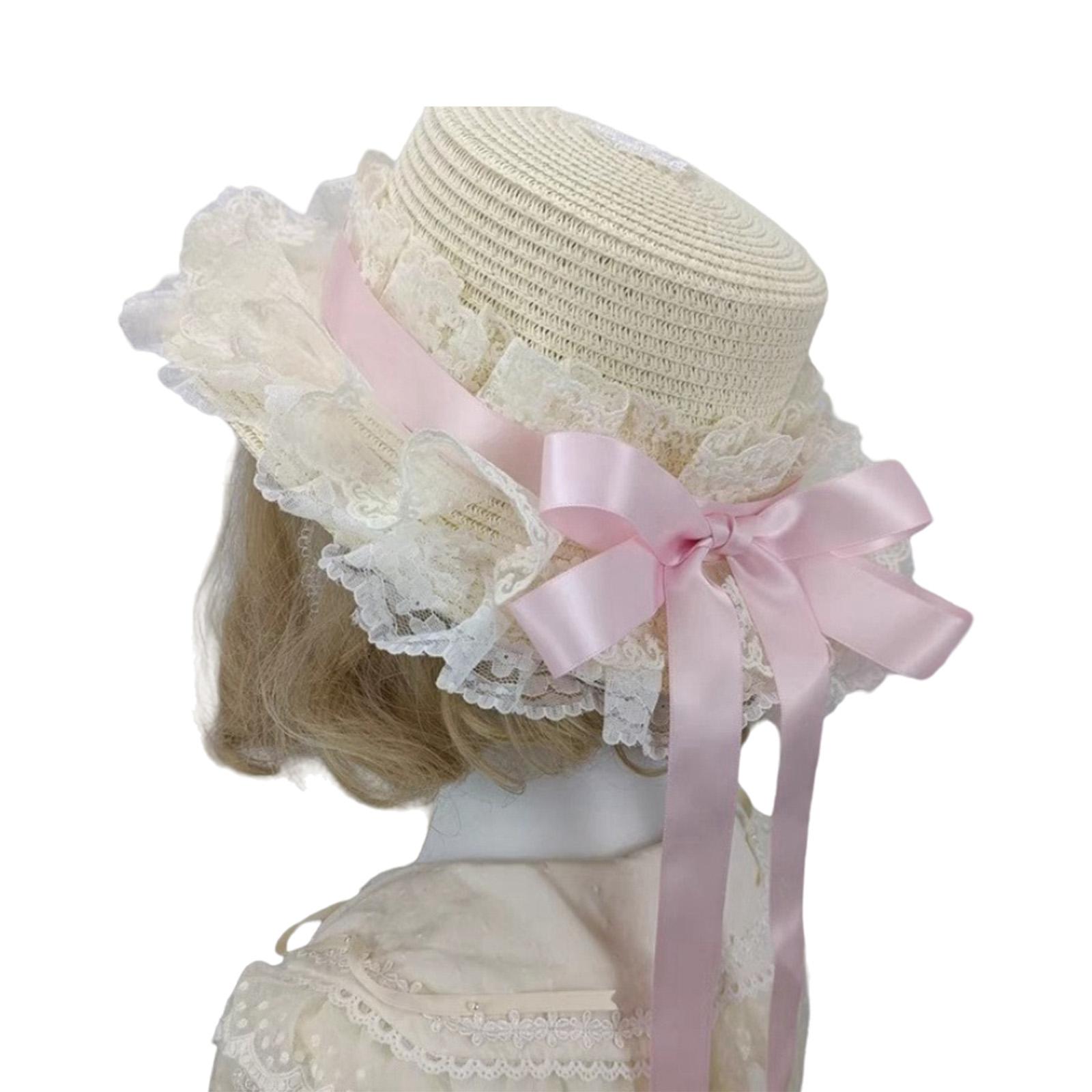 

Стильная французская шляпка-боннет с кружевной отделкой и бантом, регулируемая соломенная шляпа для особого случая, ролевой игры, головной убор розовый