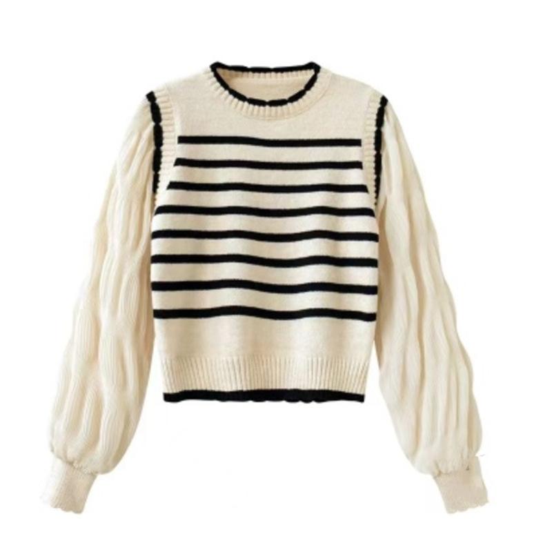 French Fake Two Piece Puff Sleeve Knit Top Women Spring Stripe Patchwork Cropped Round Neck Slimming Shirt