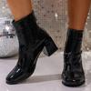 Fashion Fashion Square Toe Ankle Boots for Women Spring Autumn Black Chunky High Heel Boots Woman Back Zipper Patent Leather Botas Mujer