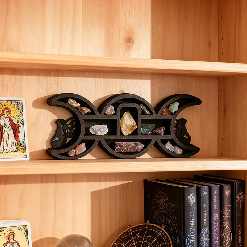Black Fairies Moon Design Wooden Wall Crystal Display Hanging Shelf With Multi Compartments For Artistic Storage Solution