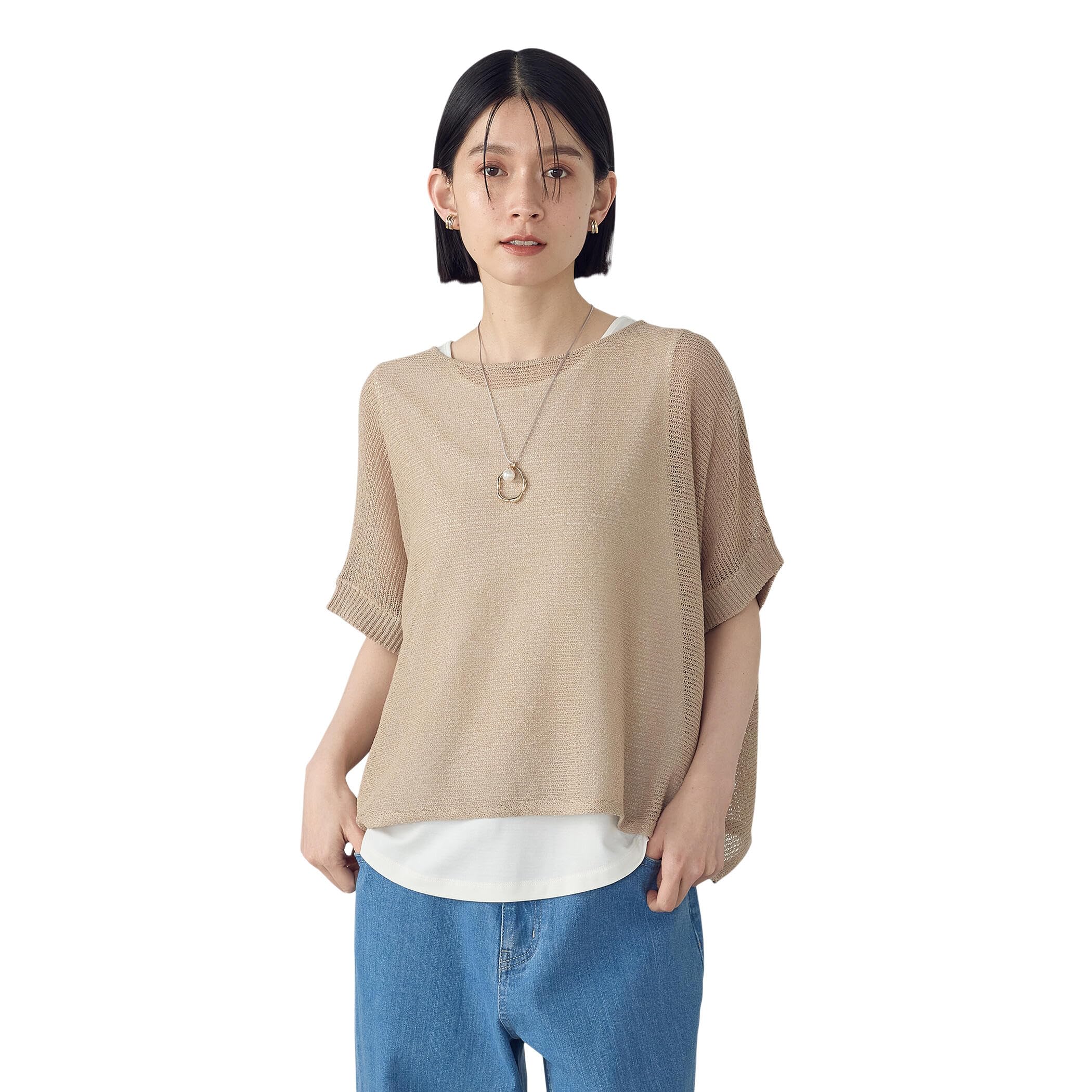 

Comme Ca Ism Вязаное пончо из сетки с добавлением васи, бежевое, 12-90KK07-205, бежевый