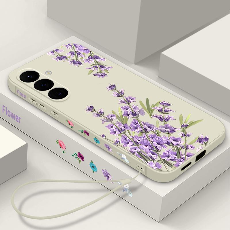 Floral Print Soft Matte Case Cover For Samsung S25 Ultra S24 FE S23 A56 A36 A16 A55 Lens Protection TPU Lanyard Shockproof Silicone Slim Phone Shell