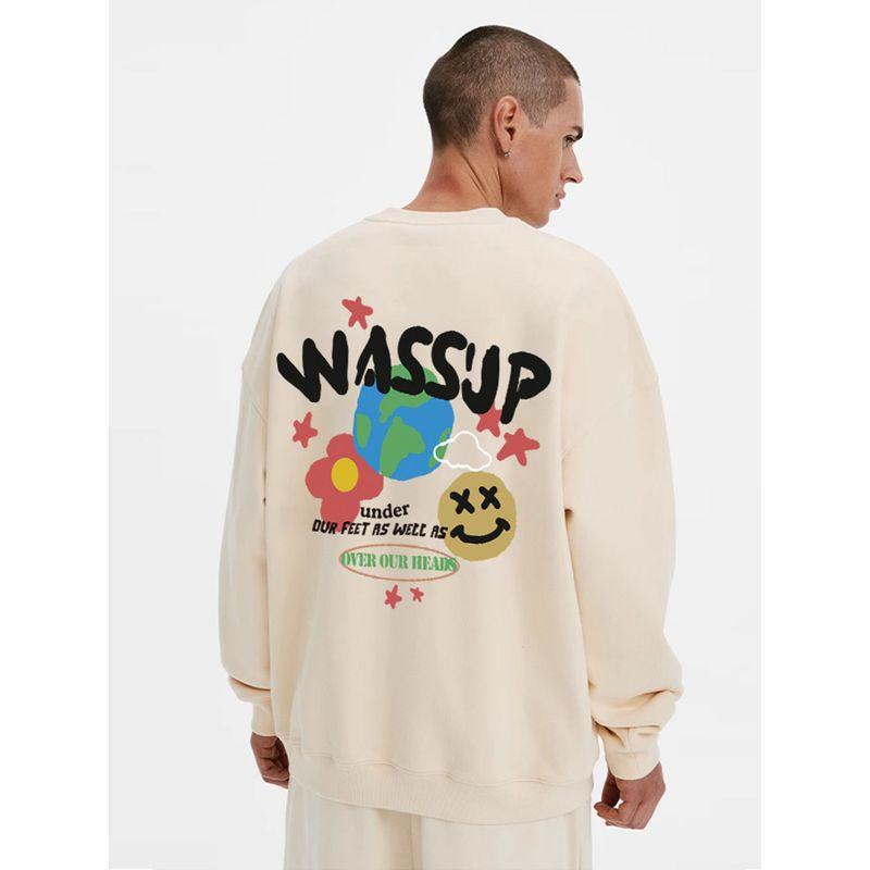Wassup Heods Fleece-Lined Crewneck Sweatshirt for Men, Trendy American High Street Style, Loose Fit Top, Heavyweight Autumn and Winter Couple Wear