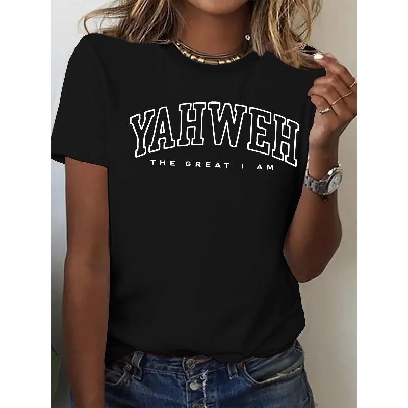

Women S Casual Crew Neck T-Shirt, Polyester Fabric, Short Sleeve with YAHWEH THE GREAT I AM Print, All-Season Comfort Fit, S чёрный