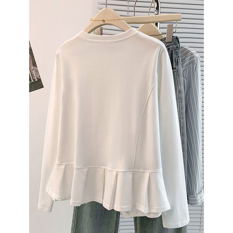 Plus-Size Women's 120kg Ruffled Solid Color Button Long-Sleeve T-Shirt, Loose Fit, Irregular Hem, Suitable for Spring and Autumn