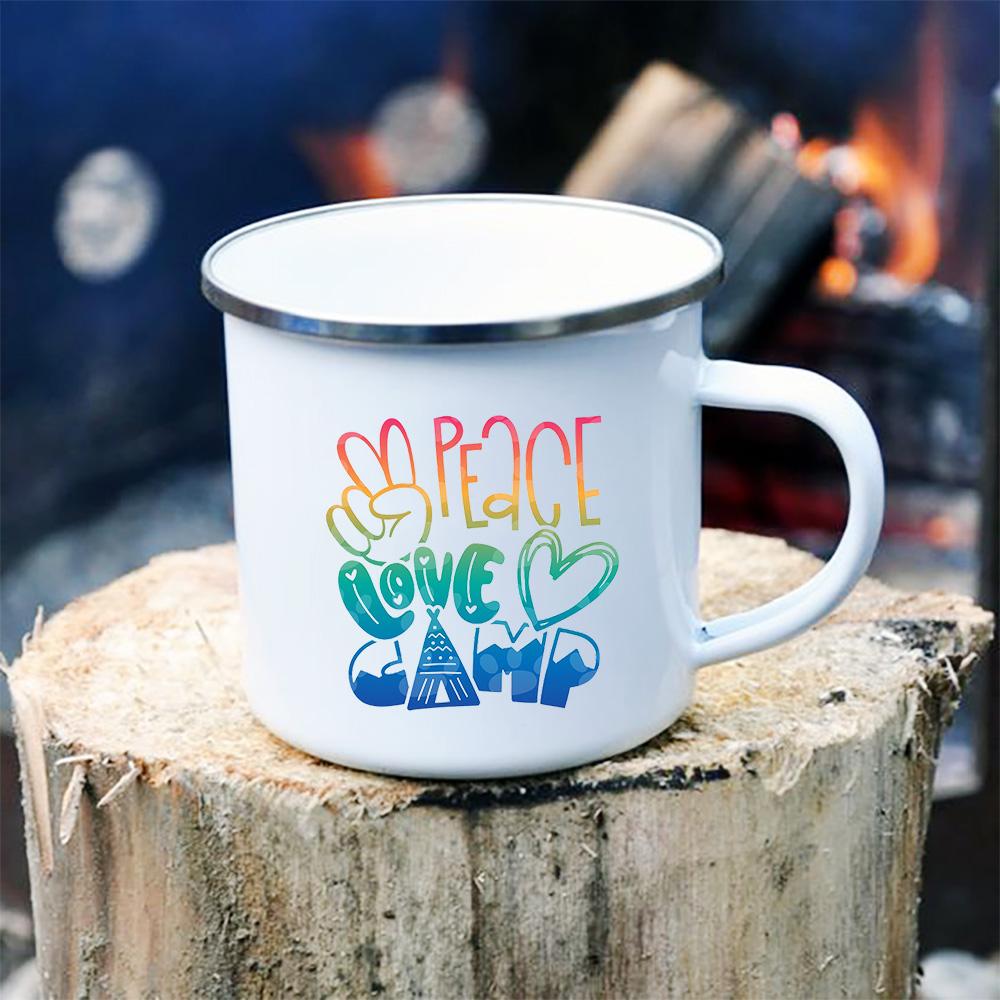 

Peace Love Camp Print Coffee Mug Outdoor Travel Enamel Mugs Camping Picnic Campfire Party Drink Beer Juice Cups Hiking Best Gift 360ML