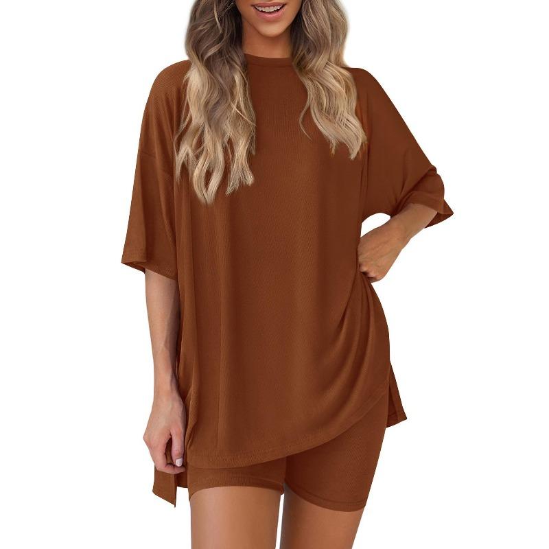 Women's Crew Neck Half Sleeve Oversized T Shirt Biker Shorts Loungewear Two Piece Pajama Set Casual Solid Outfit