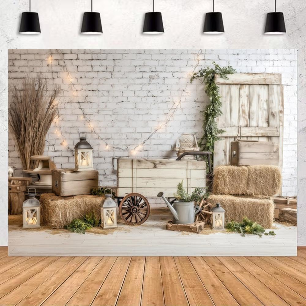 Weiße Holztür Scheunen Fotografie Kulisse Westliches Thema Heuhaufen Kranz Kinder Familienporträt Hintergrund Fotostudio Requisiten