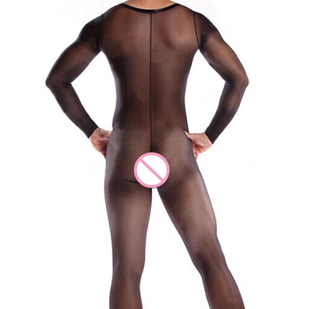 Mens Crotchless Full Bodysuit Black Beige See Through Sexy Bodystocking Lingerie Stretchy Glossy Tights Male Costume