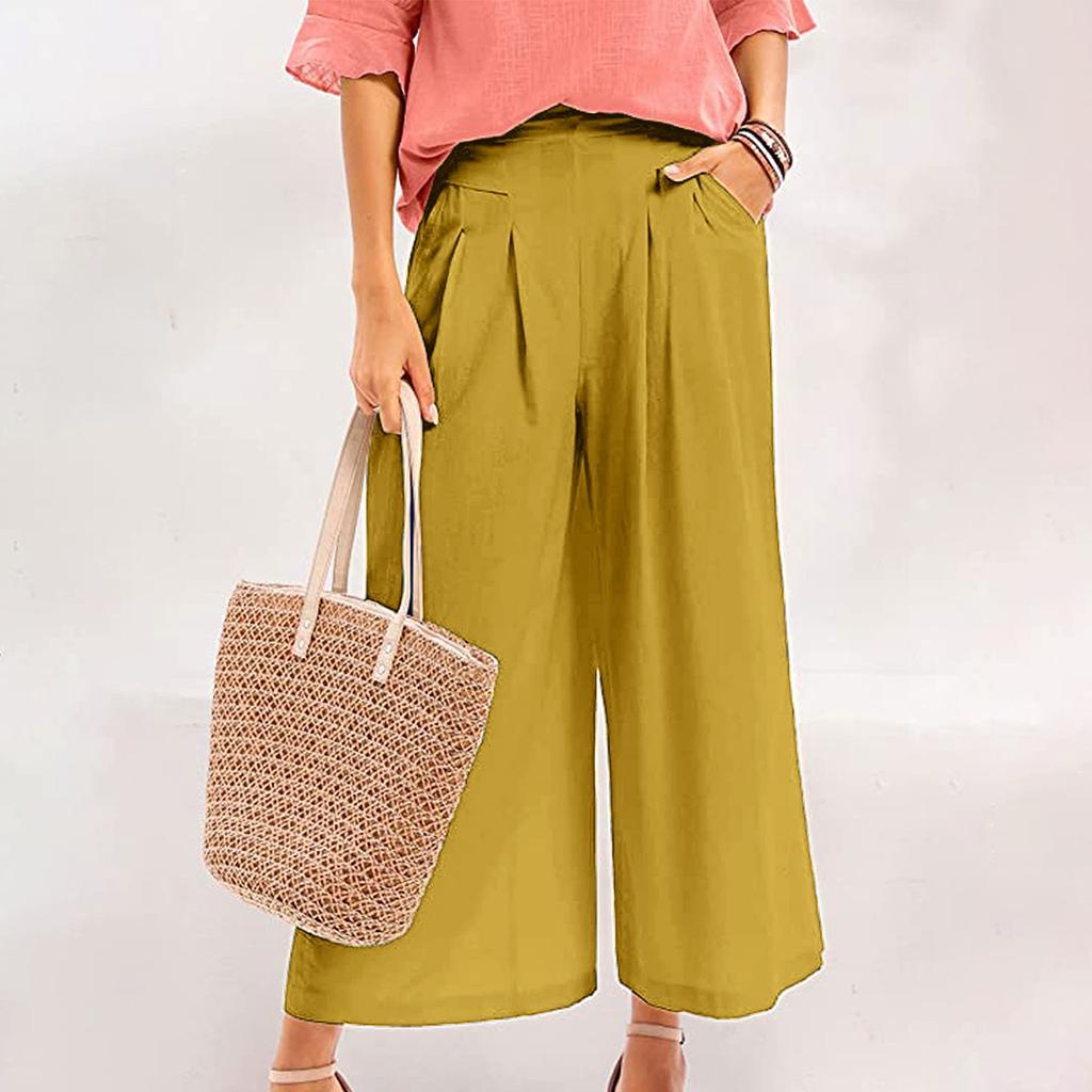 Women's Casual, Stylish, Loose-fitting, High-waisted, Cropped Cotton-linen Wide-leg Culottes