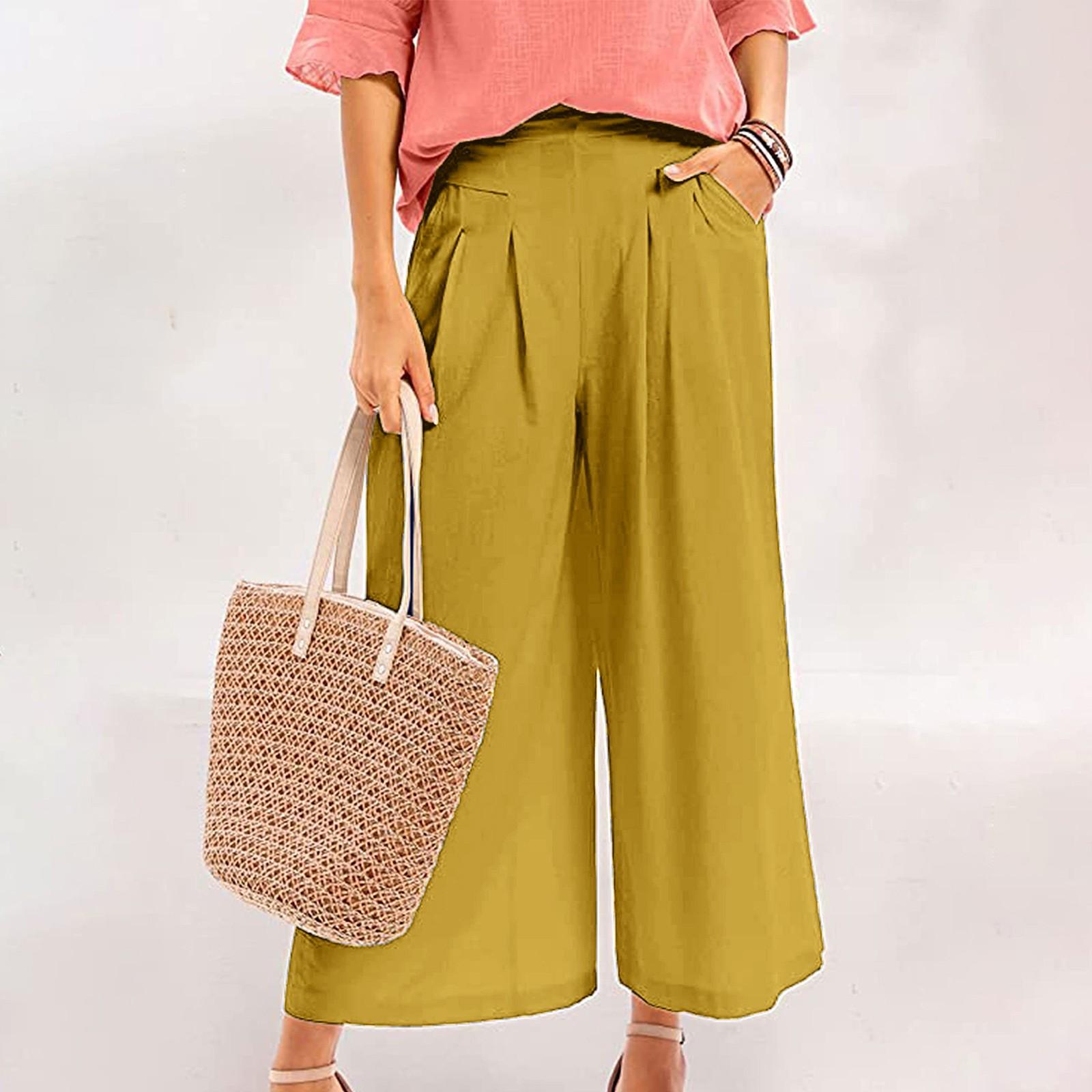 

Women s Casual, Stylish, Loose-fitting, High-waisted, Cropped Cotton-linen Wide-leg Culottes XL жовтий