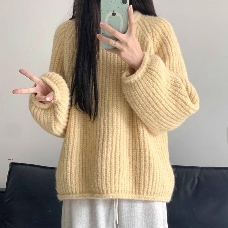 Autumn Winter Women's Cream Yellow Sweater Loose Slimming Lazy Style Outer Wear Knit Crew Neck Pullover Top